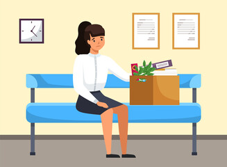 Unhappy upset young business woman holds a box with her things and leaves the previous office. Dismissed frustrated businesswoman sitting on the bench in corridor. Failed job and dismissal concept