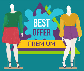 Best offer banner on the window of a clothing store with mannequins. Discount time. Big sale special offer with inscription. Super sale best price and super quality advertising poster illustration