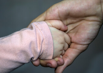 An adult holds a child's hand close-up.