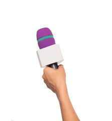 A woman reporter is holding a microphone. The TV presenter with a microphone is ready for an...