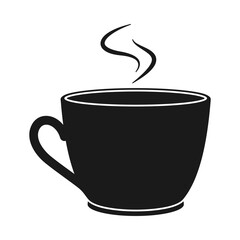 Steaming hot cup of coffee or mug of tea in silhouette vector icon