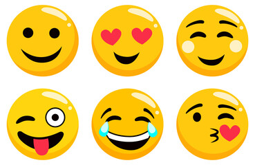 Yellow emoji set isolated on white. Emoticons or emotional icons. Cute smiling, happy and crying, kissing and laughing. Heart eyes, showing tongue round face expression flat design vector illustration