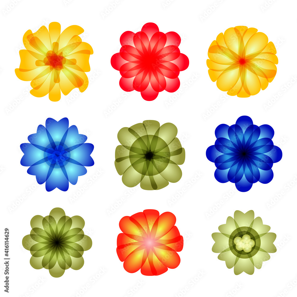 Poster different colorful flowers collection. set of abstract transparency isolated design elements. jpeg i