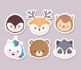 bundle of six cute animals heads set icons vector illustration design