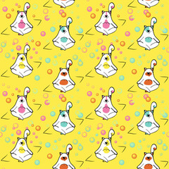Seamless pattern with yoga cats, mats and bubbles. Animalistic vector background. Multicolor. Can be used for wallpapers, pattern fills, textile