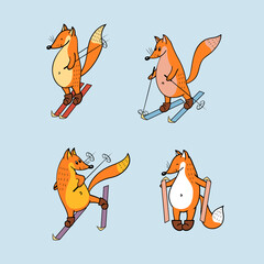 Collection with skiing foxes. Can be used for wallpapers, pattern fills, textile, surface textures
