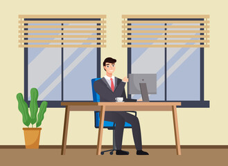 Office worker at the table with a laptop. Smiling businessman or a clerk working at his office workplace flat style illustration. Happy man dressed in a suit enterpreneur performs work on a computer