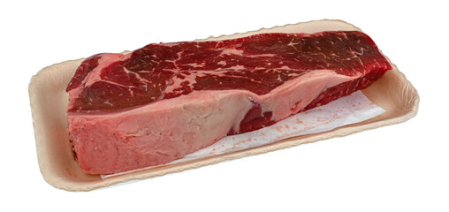 Side view of a raw beef loin boneless end cut strip steak on a foam tray.
