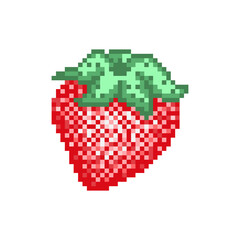 Pixel art strawberry icon. Retro style design strawberry symbol for decoration, graphic design and more. 8 bit strawberry illustration. Tasty fruit in mosaic design. Pixel strawberry picture.