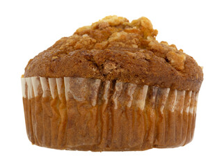 Side view of a single cinnamon crumb muffin isolated on a white background.