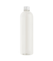 Transparent plastic tall thin bottle with water or cosmetic product silver cap mockup, isolated. Template for design.