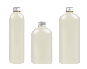 Assortment of three plastic tall, low and thick bottles with pale fresh drink or cosmetic essential oil, silver cap mockup, isolated, template.