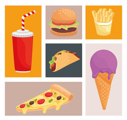 bundle of six fast food products icons vector illustration design