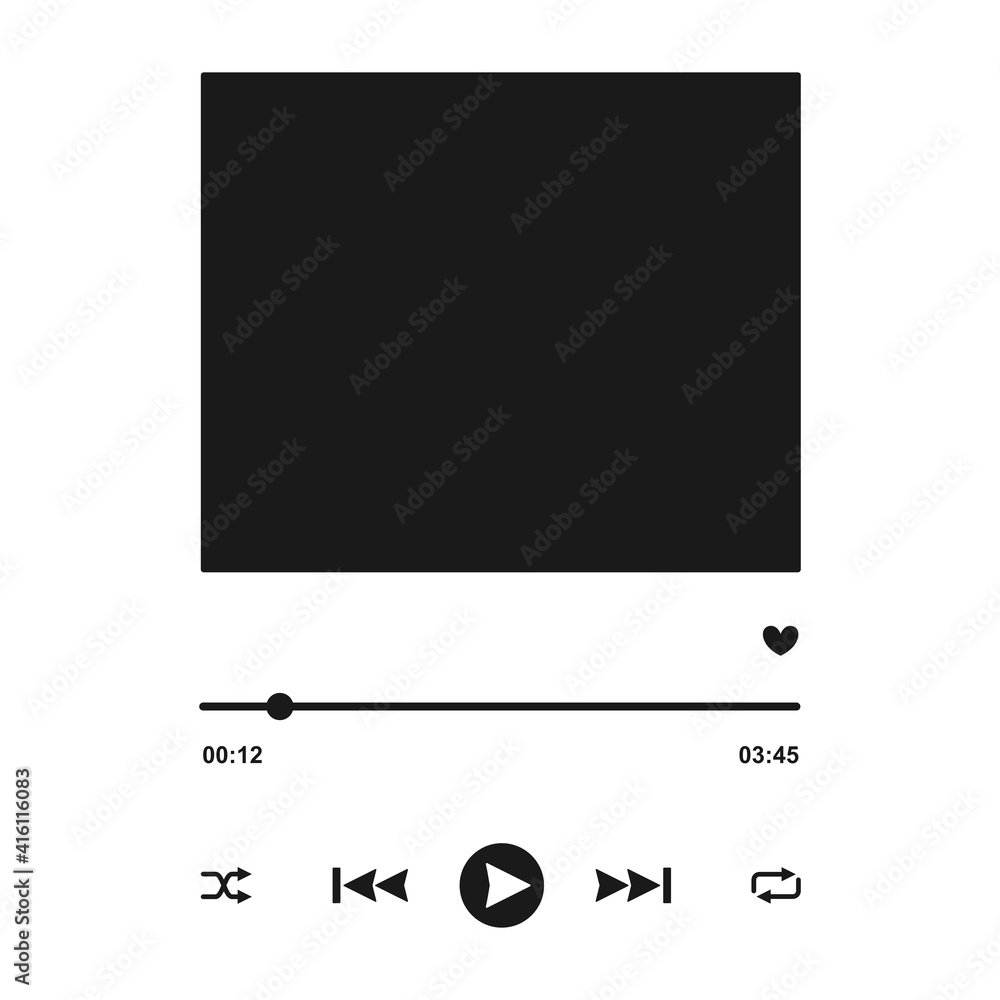 Poster audio controls for streaming music with blank album artwork and control buttons in silhouette vector