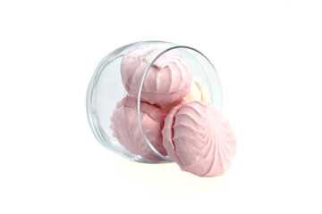 White and pink marshmallows in a glass jar