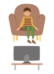 Illustration of a young boy watching a television sitting in armchair on a white background. Child watching cartoon spends a lot of time sitting at home, sedentary lifestyle, addiction to gadgets