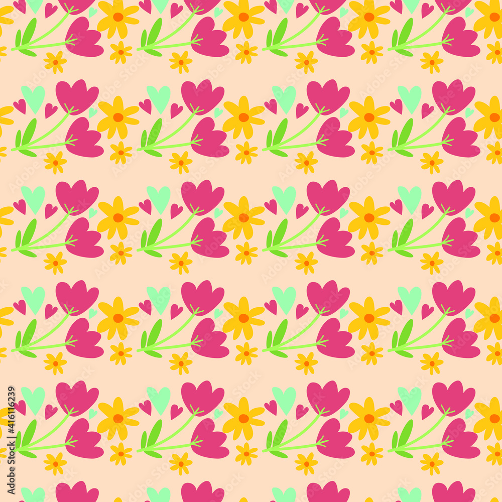 Poster seamless pattern background with spring floral elements in simple flat hand drawn style in line. cut