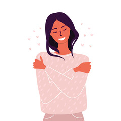 Flat vector cartoon illustration of a woman hugging herself. The concept of self-love, self care and self-acceptance.