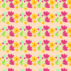 Seamless pattern background with spring floral elements in simple flat hand drawn style in line. Cute vector background. Flowers, hearts. Easter, 8 march wallpaper, textile design, digital paper