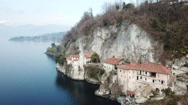 popular and famous place of Lake Maggiore Eremo di Santa Caterina del Sasso, Lombardy, Italy.