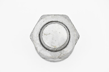 Galvanized metal with metric bolt and nut, isolated on white background