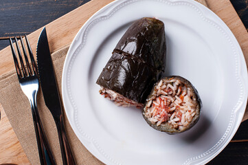 
Kousa mahshi - aubergine stuffed with rice and meat.s made in, Egypt, Syria, Lebanon, Palestine, Iraq, Israel, Jordan, and Cyprus.
