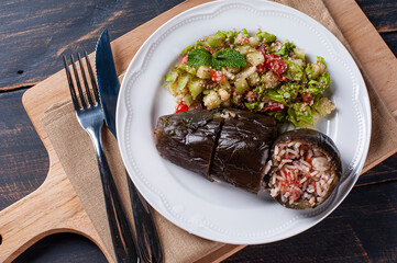 
Kousa mahshi - aubergine stuffed with rice and meat.s made in, Egypt, Syria, Lebanon, Palestine, Iraq, Israel, Jordan, and Cyprus.