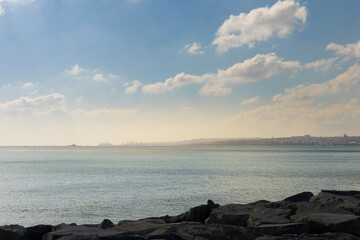 Views from the water of the Bosporus strait to the city of Istanbul