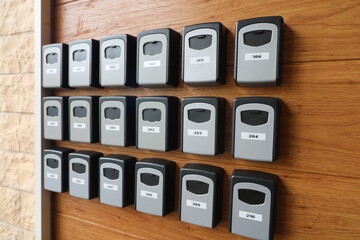 Mailboxes, lockers in the reception of a hotel