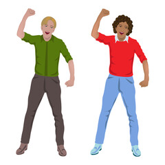 Two people with raised hands, clenched into a fist. Protester, screaming, winner. Isolated over white background. Vector illustration.