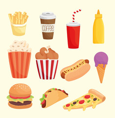 bundle of eleven fast food products icons vector illustration design
