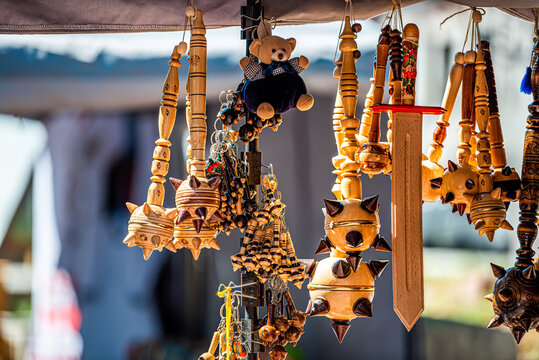 Kyiv, Ukraine Andriyivskyy Uzviz Descent with vendors selling souvenirs traditional object wooden crafts in market stall on display