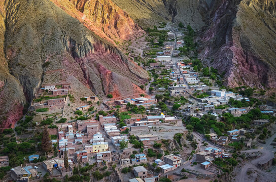 Stock photo of the Iruya village between colored hills and mountains valley. Salta, Argentina. Colorful landscape