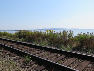 the view of the coast from the train tracks in White Rock, British Columbia, Canada, August