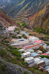 Stock photo of the Iruya village between colored hills and mountains valley. Salta, Argentina....