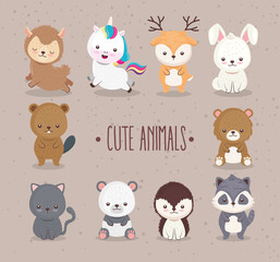 bundle of ten cute animals set icons and lettering vector illustration design