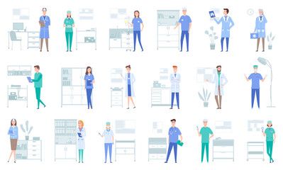 Set of illustrations about doctors work with equipment and instruments. Medical services concept. Patient health research and treatment. Provision of physician services in a medical institution