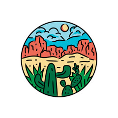 Illustration camping adventure monoline design vector badge and emblem