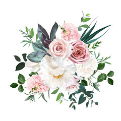 Dusty pink and cream rose, peony, hydrangea flower, tropical leaves vector design wedding bouquet