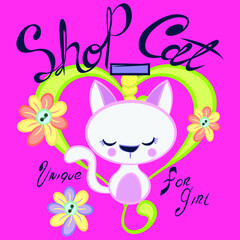 Illustration vectror cute white cat with leaves and text, background for fashion design