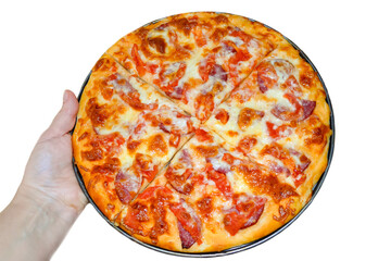 close up - woman holds in her hand a round, appetizing beautiful baked pizza on a white background