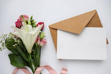 mockup greeting card. small bouquet of flowers and space for text 