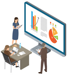 Businessman makes presentation to colleagues. Office workers characters discussing indicators. Business people talking communicating, discuss presentation graphs and charts. Business meeting concept