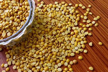 split pigeon peas Organic Toor Dal in Bowl, Selective Focus with Blur Background