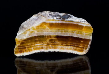 Cut polished aragonite gemstone with reflection on black background. Close-up of beautiful yellow, brown and white striped cross-section of mineral from Hridelec near Nova Paka in Czechia. Mineralogy. - obrazy, fototapety, plakaty