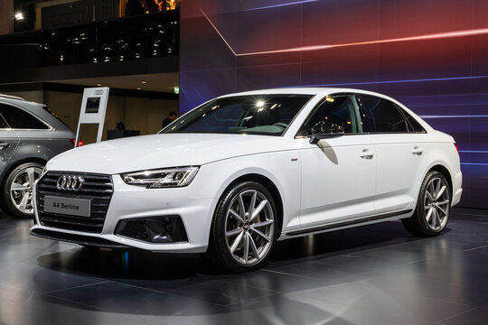 Audi A4 Berline car showcased at the Brussels Autosalon Motor Show. Belgium - January 18, 2019.