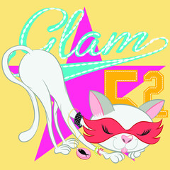 Illustration vector cute cat with text in style college and background for fashion design