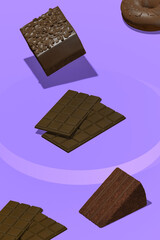 Minimal food geometry in details. 3d render  scene chocolate totally sweets in stylish isometry blue space. Restaurant, bar, candy shop, food delivery concept art.  Cacao lover