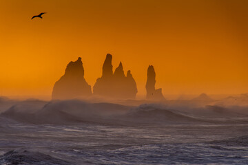 View from cape Dyrholaey on Reynisfjara Beach and Reynisdrangar basalt sea stacks, Iceland. Stormy...
