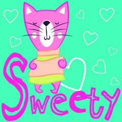 Illustration vector cute cat with text and background for fashion design